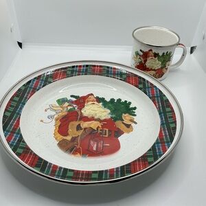 Hallmark Mitford Jan Karon 10” Plaid Enamel‎ Christmas Santa Cookie Plate + Cup